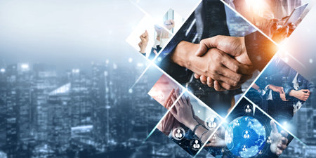 Teamwork and human resources HR management technology concept in corporate business with people...