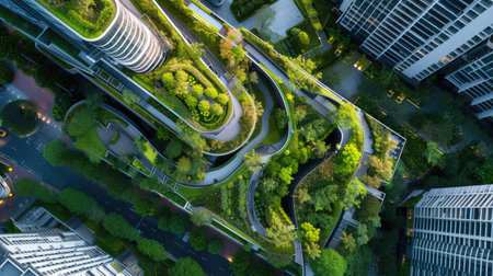 An urban design featuring buildings with rooftop gardens, showcasing a green cityscape. The skyline blends with the natural landscape, as clouds drift across the sky above AIG41の素材