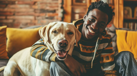 happy people at home with favorite pet , love and friendship of human and animal pragmaの素材