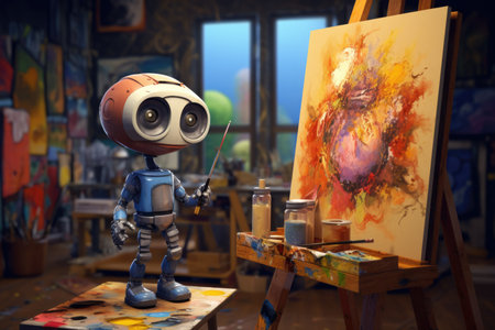 Concept of generative AI art technology, robot painting picture in studio. comelinessの素材