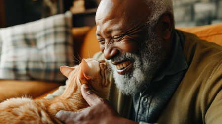 happy people at home with favorite pet , love and friendship of human and animal pragmaの素材