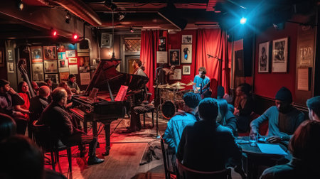 An evening jazz concert in a cozy club, musicians in deep concentration, audience immersed in the music. Resplendent.の素材
