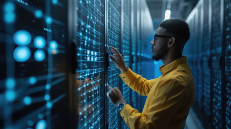 A data analyst closely examines complex data visualizations on multiple monitors, reflecting the analytical process in big data. AIG41の素材