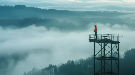 A construction worker stands on an elevated platform, overseeing a foggy industrial site, ensuring safety and project progress. AIG41の素材