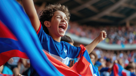 A happy fan is grinning and waving a flag in a stadium, expressing his joy and excitement. AIG41の素材