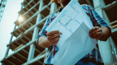 The construction worker wearing a helmet and sporting a beard is studying a blueprint at the building site. AIG41の素材