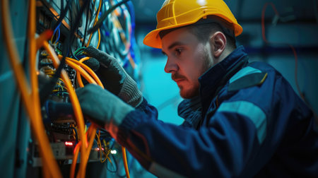 An engineer is using a drill to work on an electrical box, wearing electric blue workwear and safety gloves, handling wires and metal. AIG41の素材