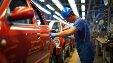 A man is busy working on a car in a factory, inspecting tires, wheels, and automotive lighting for the vehicles assembly. AIG41の素材