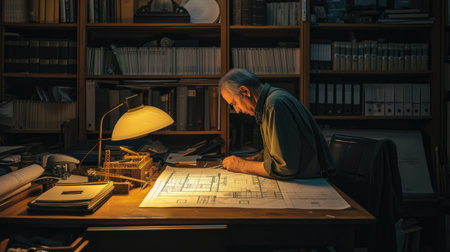 An architect works attentively on architectural drawings late at night in a dimly lit office, surrounded by models and blueprints. AIG41の素材