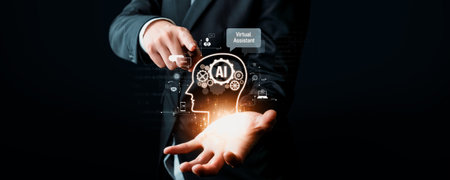 Human interact with AI artificial intelligence virtual assistant chatbot in concept of AI artificial intelligence prompt engineering, LLM AI deep learning to use generative AI for work support. NLPの写真素材