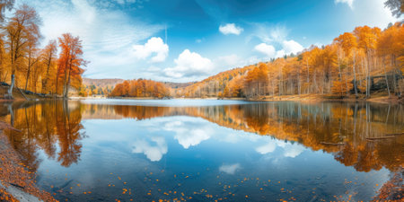 Crisp autumn colors reflected perfectly in the still waters of a serene lake, with a backdrop of a clear blue sky and fluffy clouds. Resplendent.の素材
