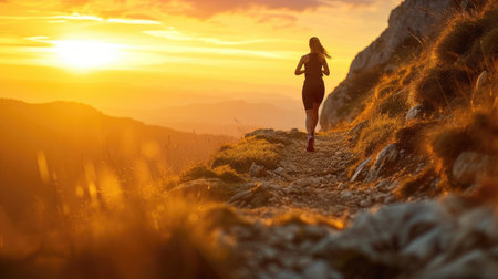 A solitary runner takes on a mountain trail at sunset, embodying the spirit of endurance and the pursuit of personal fitness goals. AIG41の素材