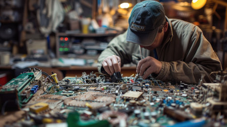 An engineer is skillfully assembling a motherboard in a workshop, showcasing their technical expertise and dedication to the art of building. AIG41の素材
