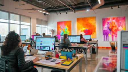A man is using a computer in an office building, surrounded by tables, paintings, and art in a magenta-themed room. AIG41の素材