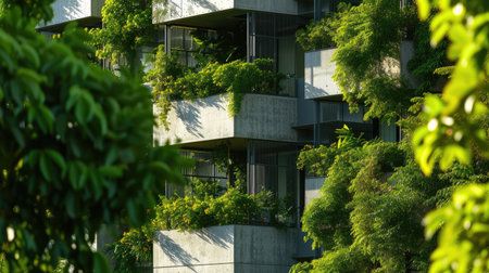 A tower block covered in plants and adorned with numerous balconies, creating a green facade for the building. AIG41の素材
