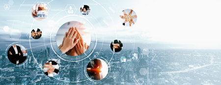 Teamwork and human resources HR management technology concept in corporate business with people...