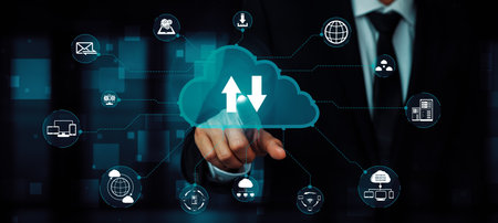 Cloud computing technology and online data storage for business network concept. Computer connects...