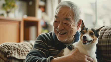 happy people at home with favorite pet , love and friendship of human and animal pragmaの素材