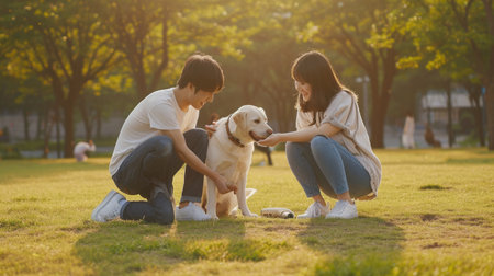 playful dog and its owner in nature outdoor , healthy lifestyle pragmaの素材