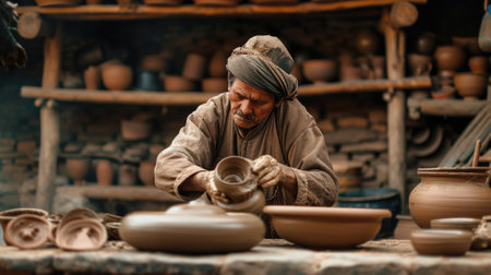 An experienced potter meticulously shapes wet clay on a spinning wheel in a rustic pottery workshop surrounded by his creations. Resplendent.の素材
