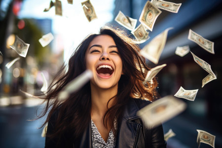 Happy person getting bonus money and banknotes flying in the air and get lucky rich and financial freedom comelinessの素材
