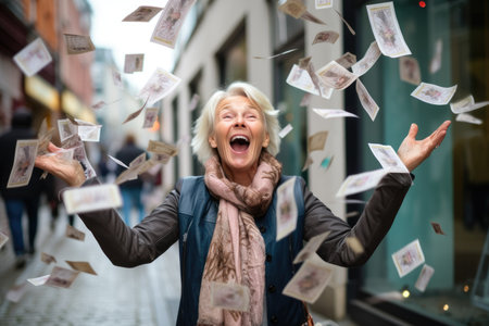 Happy person getting bonus money and banknotes flying in the air and get lucky rich and financial freedom comelinessの素材