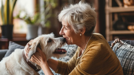 happy people at home with favorite pet , love and friendship of human and animal pragmaの素材