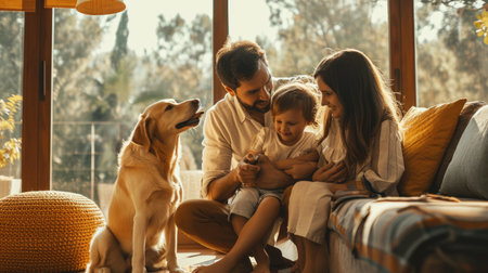 happy people at home with favorite pet , love and friendship of human and animal pragmaの素材