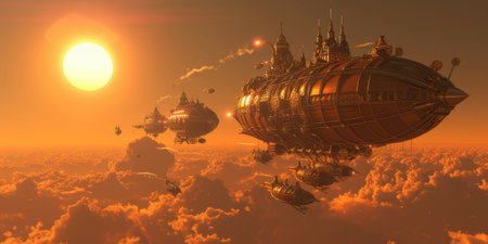 Fantasy steampunk airships float amongst clouds against a dramatic sunset backdrop, evoking adventure and exploration. Resplendent.の素材