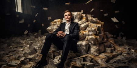 Billionaire on Huge Pile of Banknotes Rich and Prosperity Comelinessの素材