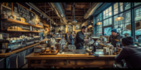 Blurred background of a busy coffee shop with patrons enjoying their drinks and baristas crafting coffee, creating a lively community space. Resplendent.の写真素材