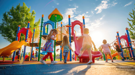 Young children enjoy a sunny day playing on vibrant playground equipment in a park with slides and climbing structures. Resplendent.の素材