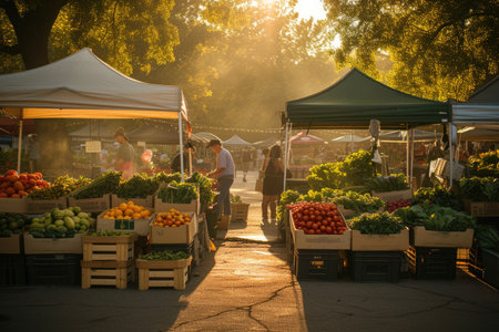 An early morning farmers market scene, bustling with vendors and customers, fresh produce on display, capturing the essence of local commerce and community. Resplendent.の素材