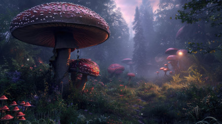 A breathtaking digital painting of a fantasy forest with towering mushrooms aglow with internal light, amidst an ethereal misty landscape. Resplendent.の素材