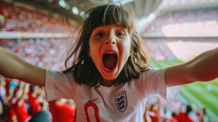 A jubilant soccer fan celebrates a goal, cheering and clapping in a stadium filled with spectators during a crucial match. AIG41の素材