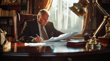 A focused executive evaluates paperwork in the prestigious setting of a wood-paneled office, reflecting professionalism and determination. AIG41の素材