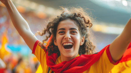 A happy man in a red shirt, with arms raised in the air, is celebrating, sporting a smile on his face. AIG41の素材