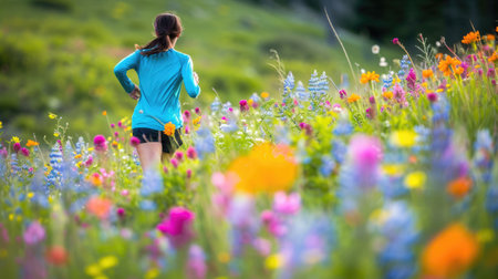 A female athlete in vibrant sportswear runs energetically through a field adorned with colorful wildflowers during a race. AIG41の素材