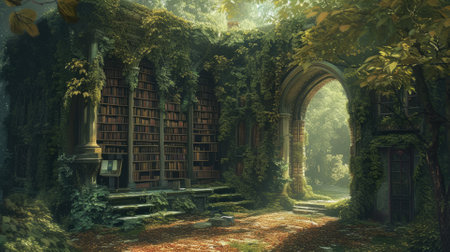 An ancient library in a hidden forest, overgrown with ivy, books filled with forgotten lore, mystical ambiance, sunlight filtering through leaves. Resplendent.の素材