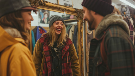 In the crowded city store, under the dim street lights, a man and a woman exchange smiles, creating an artful moment of connection. AIG41の素材