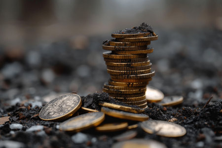 Economic downturn, debt crisis and market crash concept shown by shattering coins AIG41の素材