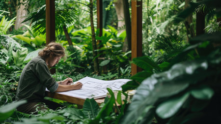 An overhead view of a landscape architect analyzing garden design plans amidst a lush green setting. AIG41の素材