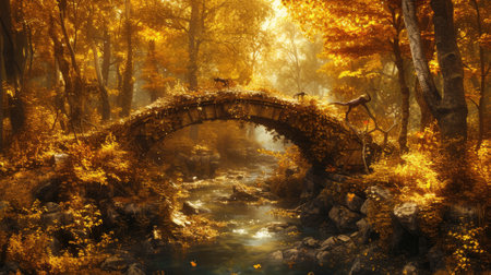 An enchanted forest in autumn, filled with golden leaves in autumn. Resplendent.の素材