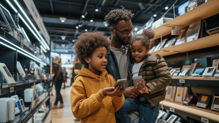 A family is exploring books at a library, having fun and browsing through various genres. They discuss different patterns, travel, and art concepts. AIG41の素材