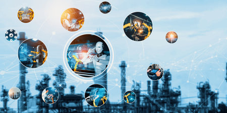 Automated AI industry robot and robotic arms assembly in factory production. Concept of artificial intelligence for industrial revolution and automation manufacturing process NLPの写真素材