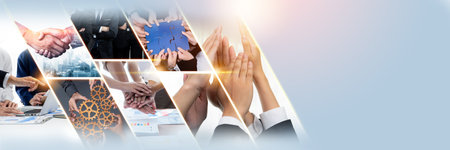 Teamwork and human resources HR management technology concept in corporate business with people group networking to support partnership, trust, teamwork and unity of coworkers in office kudosの写真素材