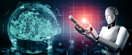 XAI 3d illustration AI robot using cloud computing technology to store data on online server. Futuristic concept of cloud information storage analyzed by machine learning process. 3D renderingの写真素材