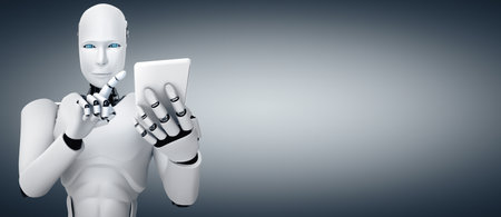 XAI 3d illustration Robot humanoid use mobile phone or tablet in future office while using AI thinking brain , artificial intelligence and machine learning process. 4th fourth industrial revolution 3Dの写真素材