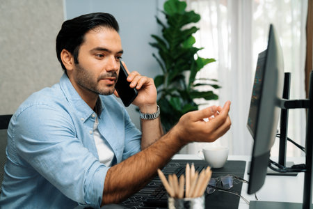 Smart IT developer manager calling to coworker solving problem in software coding system on pc...