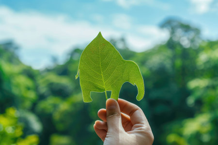 nature art of leaf carved into animal shape showing concept of sustainability and environmental conservation. aigx04の素材